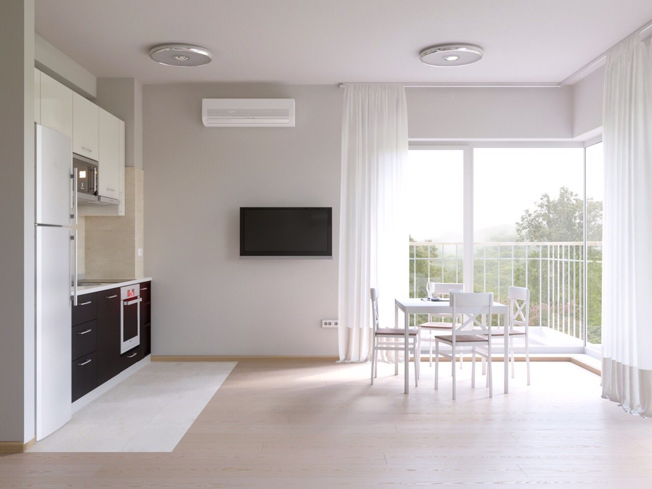 Modern kitchen-living room in an apartment in Tivat, Montenegro: bright interior, dining area, and access to the balcony.