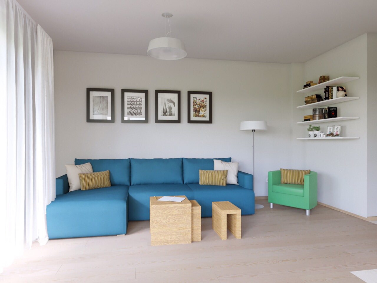 Living room in an apartment in Tivat, Montenegro: blue sofa, green armchair, wooden tables, and wall shelves.