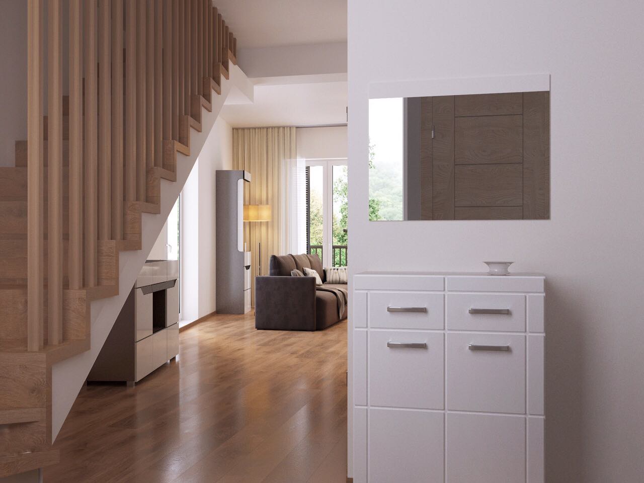 Modern living room with a wooden staircase and a white cabinet in an apartment in Tivat, Montenegro. Light-toned interior.