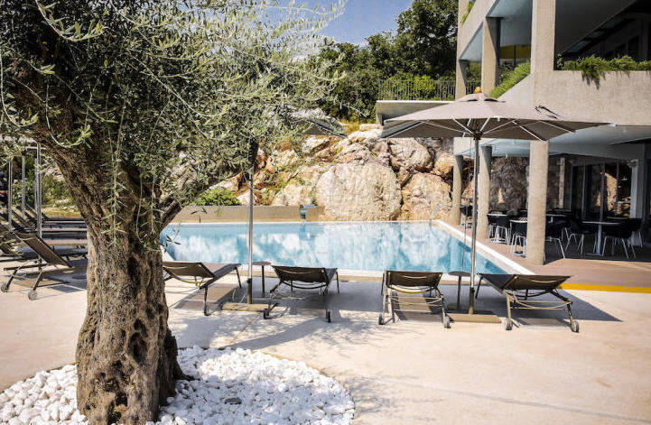 Pool at a modern villa in Kamenovo, Montenegro: sun loungers, umbrellas, and an olive tree on the terrace by the cliff.