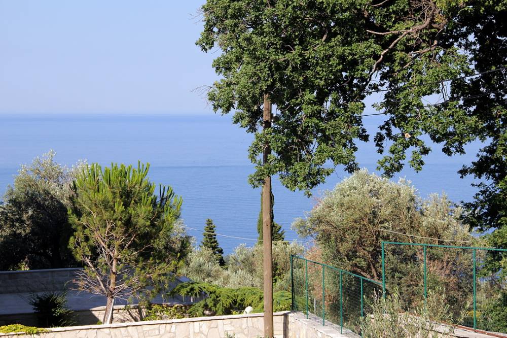 Panoramic view of the Adriatic Sea from a house in Reževići, Budva Riviera, Montenegro, surrounded by greenery and trees.