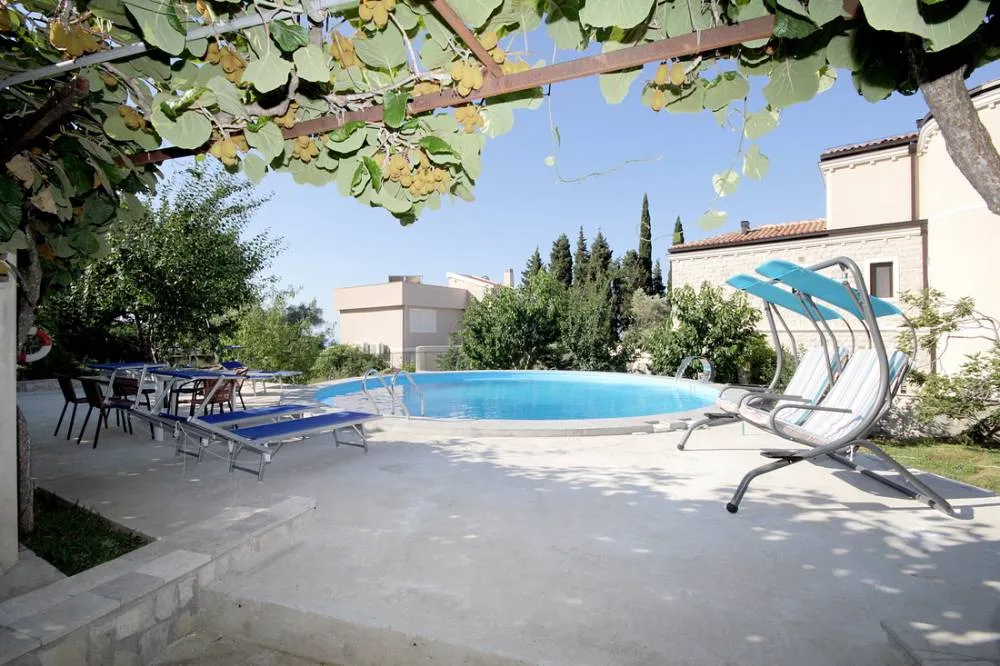 Round blue swimming pool with sun loungers and a pergola covered in vines overlooking a house.
