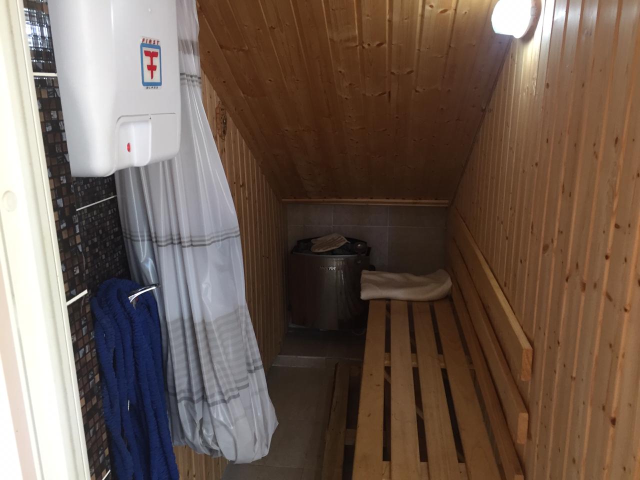 Home sauna with wood paneling and a Harvia stove in a house in Shushan, Montenegro. Bathroom with shower.