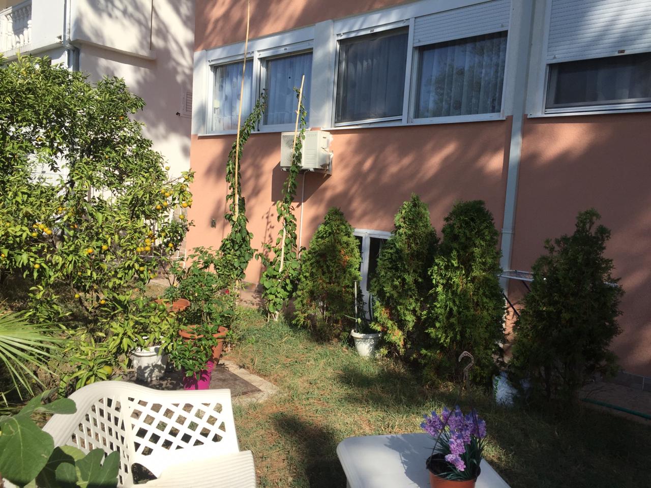 View of a house facade with windows and an AC unit. The yard has a citrus tree, cypresses, grass, and white plastic furniture.