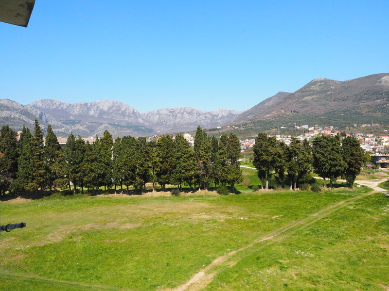 Panoramic view from the apartment window in Bar, Montenegro: a green meadow, a cypress alley, and mountain scenery in the background.