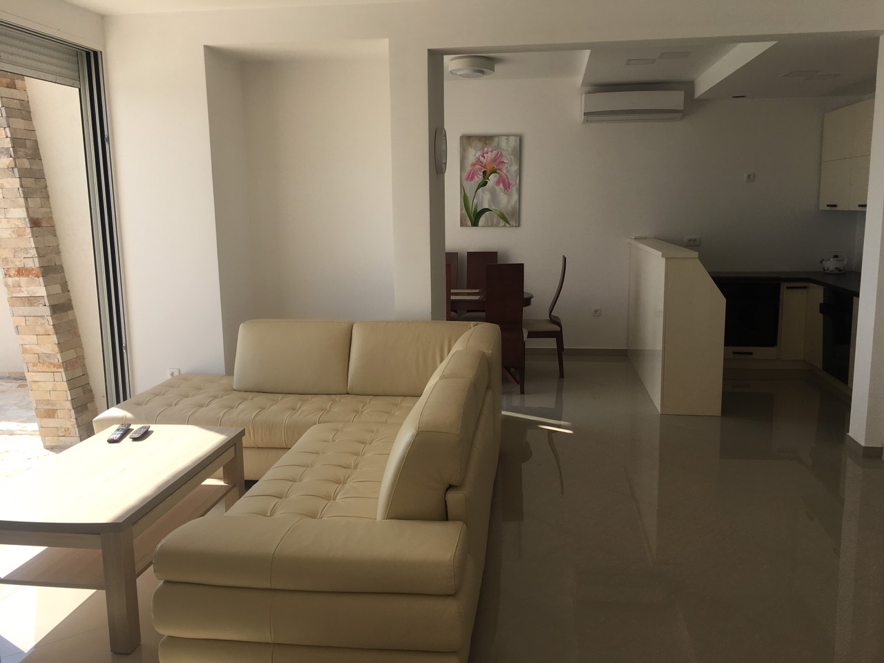 Bright living room with a leather sofa and kitchen in a house on the Bar Riviera, Montenegro. Modern interior with a terrace.