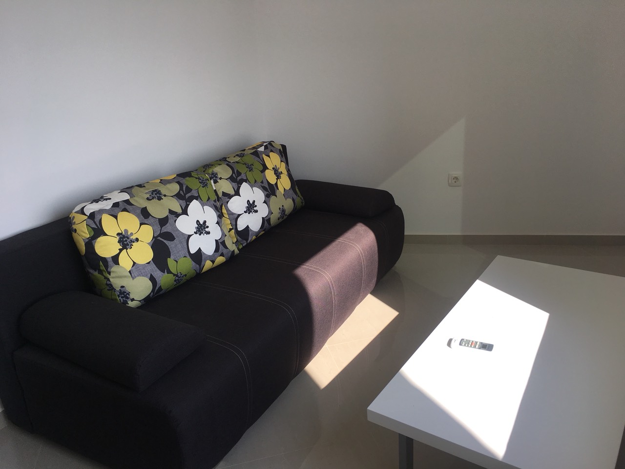 Living room with a dark sofa and floral print in a house on the Bar Riviera, Montenegro. Bright interior, white table.