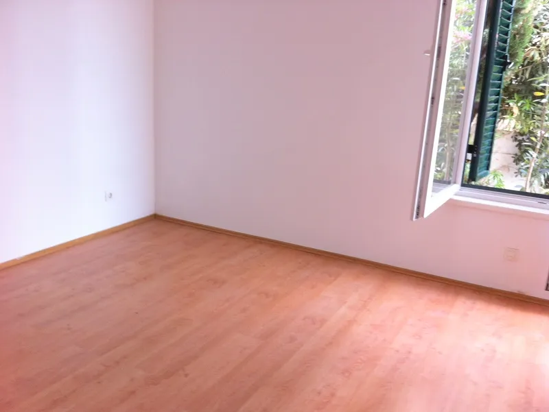 Empty room with laminate flooring and white walls, window overlooking greenery.