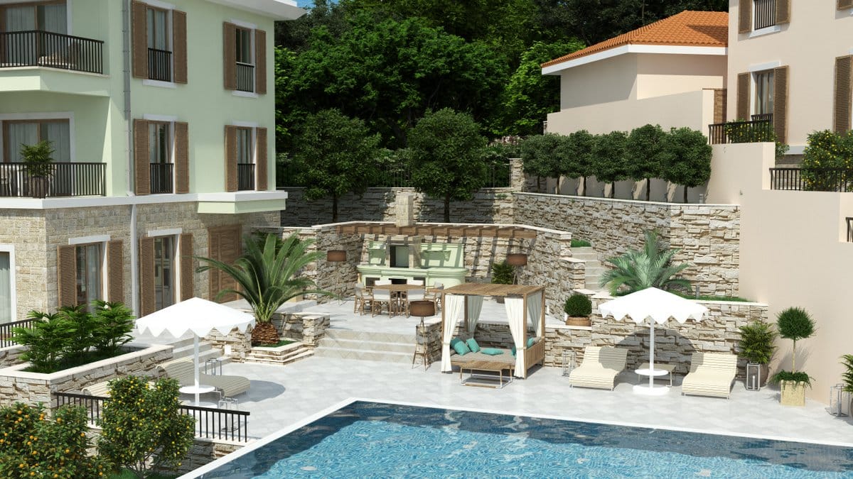 Pool and relaxation area with barbecue at a villa in Reževići, Montenegro: sun loungers, gazebo, and stone landscaping.