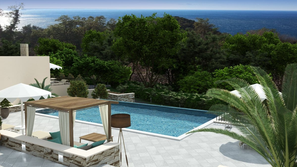 Pool with sea view and a terrace with a gazebo at a villa in Reževići, Montenegro: modern design and landscaping.