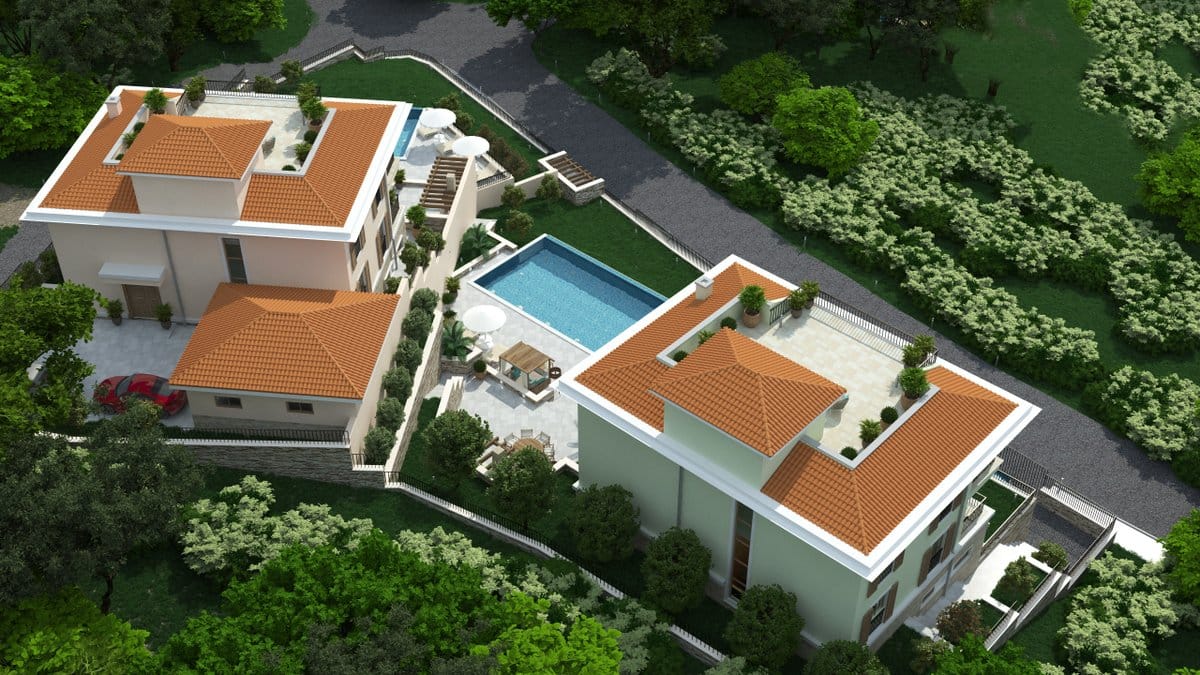 Top view of a villa complex with a pool, terraces, and garden in Reževići, Montenegro. Luxury real estate project.
