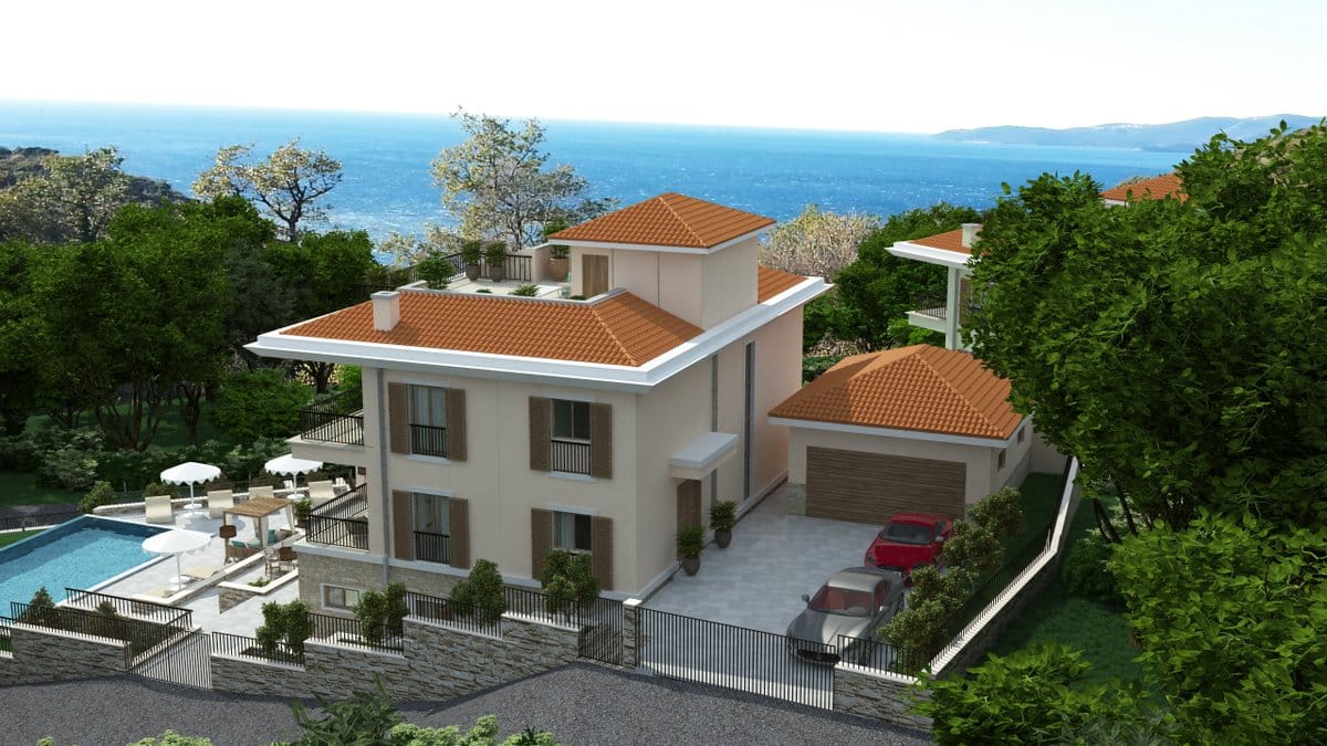 Villa in Reževići, Montenegro: a modern house with a pool, garage, and panoramic views of the Adriatic Sea.