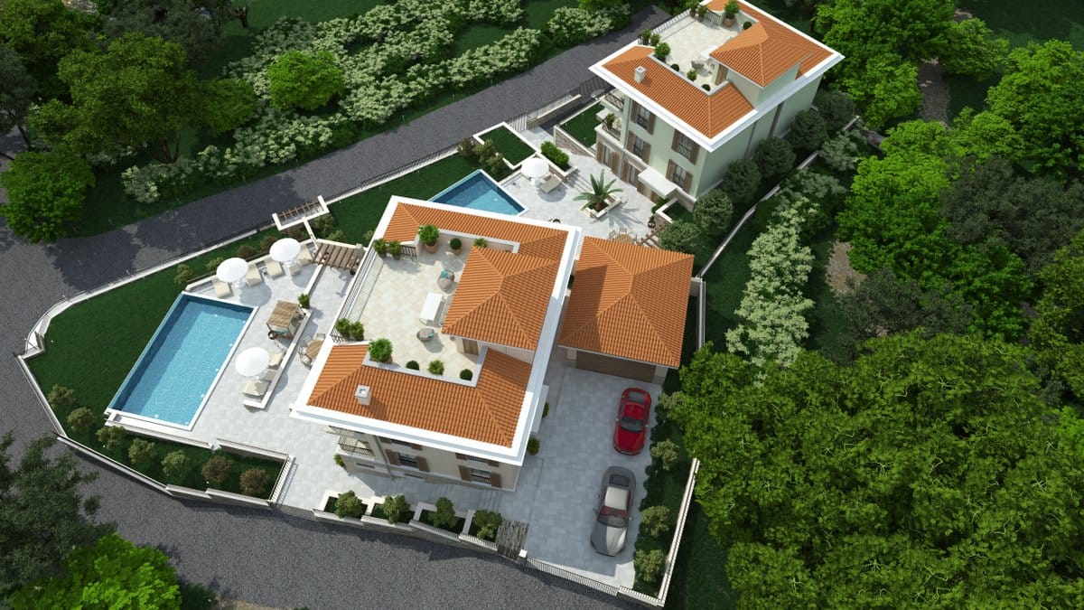 Aerial view of a villa in Reževići, Montenegro: pool, rooftop terrace, parking, and landscaped grounds.