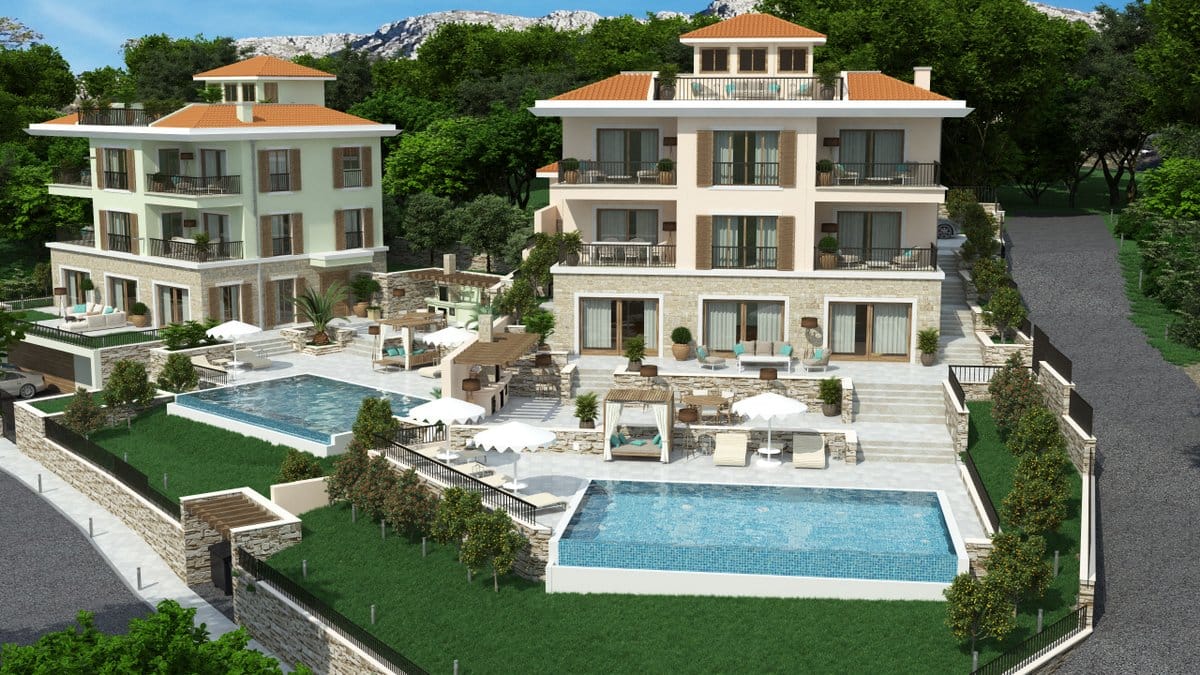 Two modern villas with pools, terraces, and a barbecue area in Reževići, Montenegro: view of an upscale residential complex.
