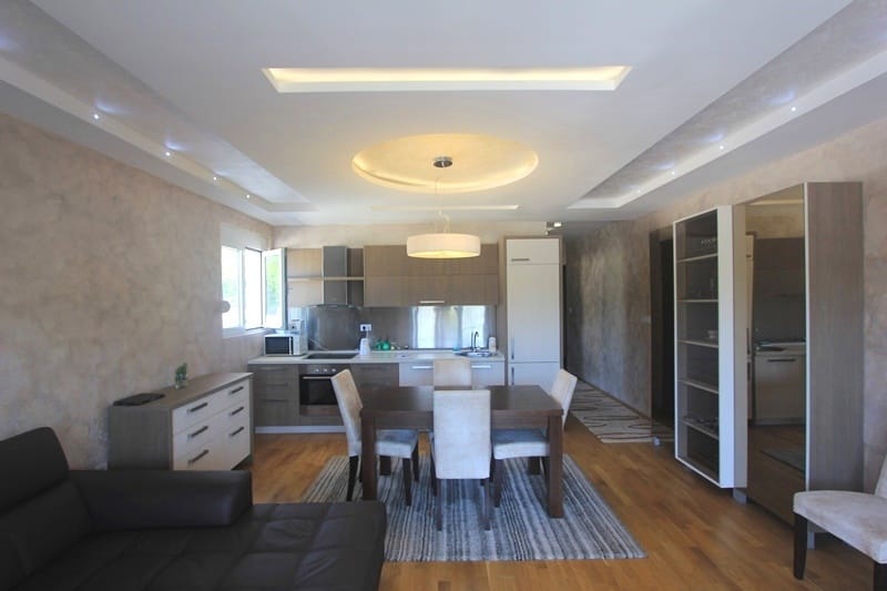 Modern living room with kitchen in a house in Krimovica, Montenegro: dining area, leather sofa, and stylish finishes.