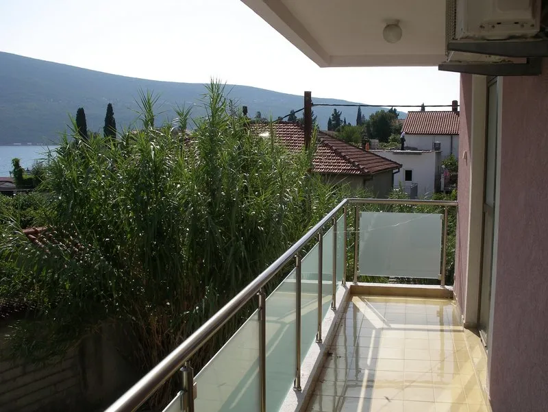 Balcony with glass railing and metal handrail overlooking tall reeds, rooftops, and a body of water.