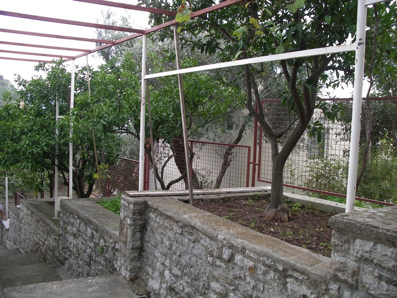 Cozy garden with stone terraces and fruit trees by the house in Petrovac, Montenegro.