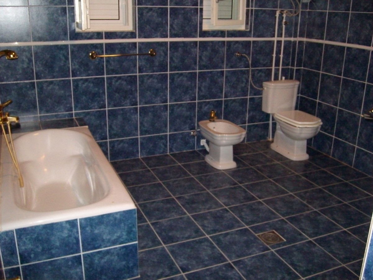 Bathroom with blue tiles, a bathtub, bidet, and toilet in a villa in Bar, Montenegro.