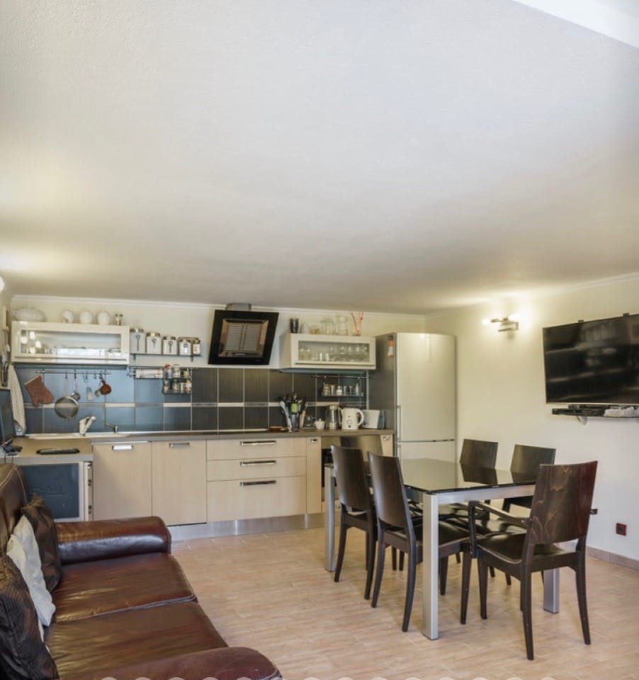 Living room with kitchen in a villa in Stoliv, Montenegro: leather sofa, dining area, modern appliances, and light-colored furniture.