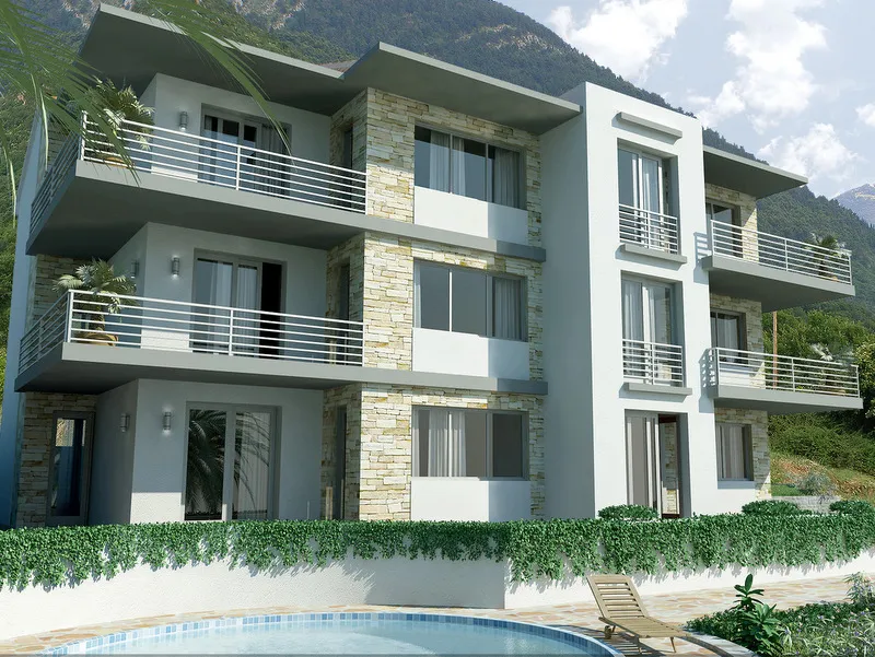 Modern multi-story building with balconies and a swimming pool visible in the foreground.