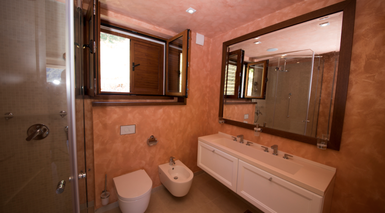 Bathroom in a house, Stoliv, Montenegro: modern fixtures, a shower cabin, and wall finishes in warm tones.