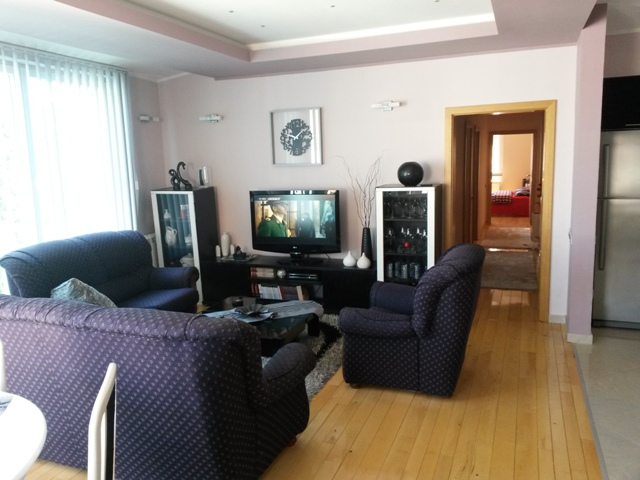 Living room in a house in Ulcinj, Montenegro: upholstered furniture, TV, parquet floor, and access to a hallway with lighting.