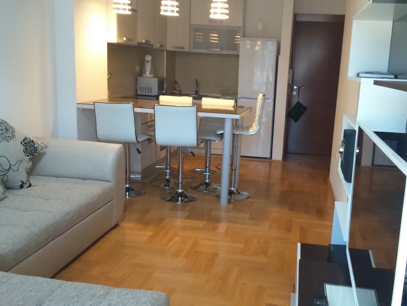Living room with kitchen and bar counter in an apartment, Budva, Montenegro: light furniture, parquet flooring, and modern design.