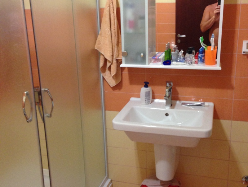 Bathroom in an apartment in Budva, Montenegro: shower cabin, white sink, and mirrored cabinet on orange tiles.
