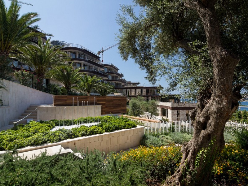 Modern Dukley residential complex in Bečići, Montenegro: landscaped grounds with palm trees and sea view.