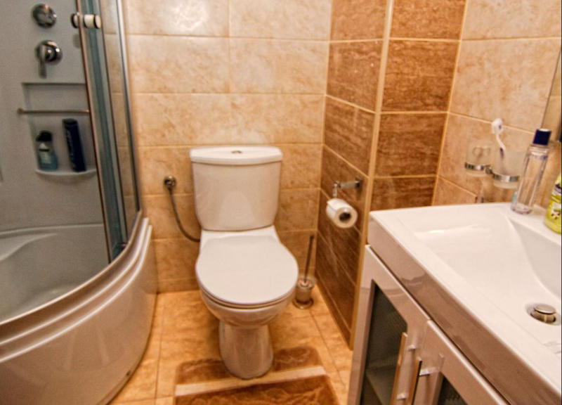 Bathroom in an apartment in Bečići, Montenegro: shower cabin, white sanitary ware, and beige wall tiles.