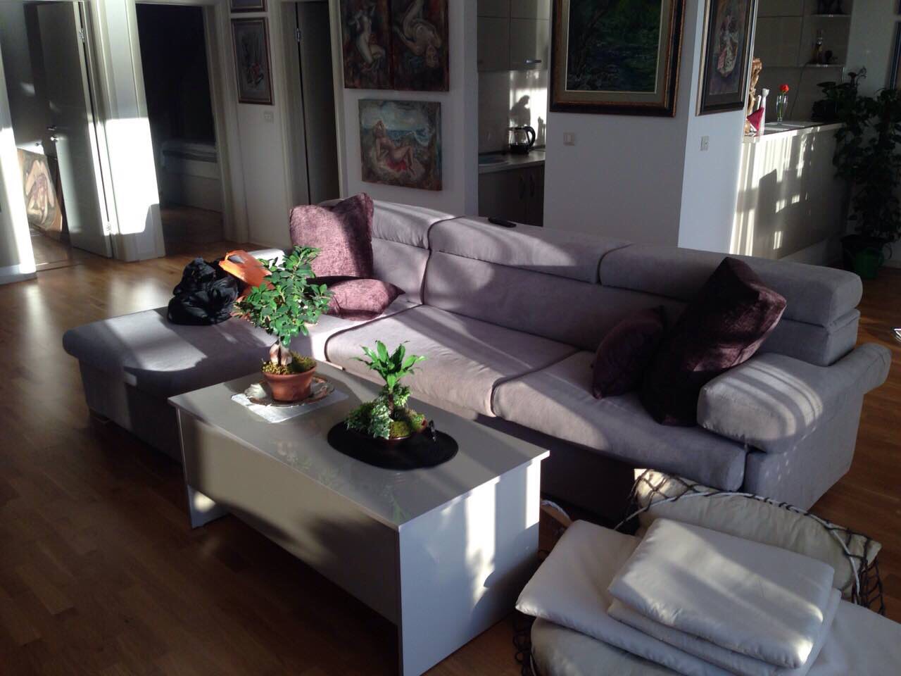 Bright living room with a gray sofa and coffee table in an apartment in Bečići, Montenegro. Modern interior.