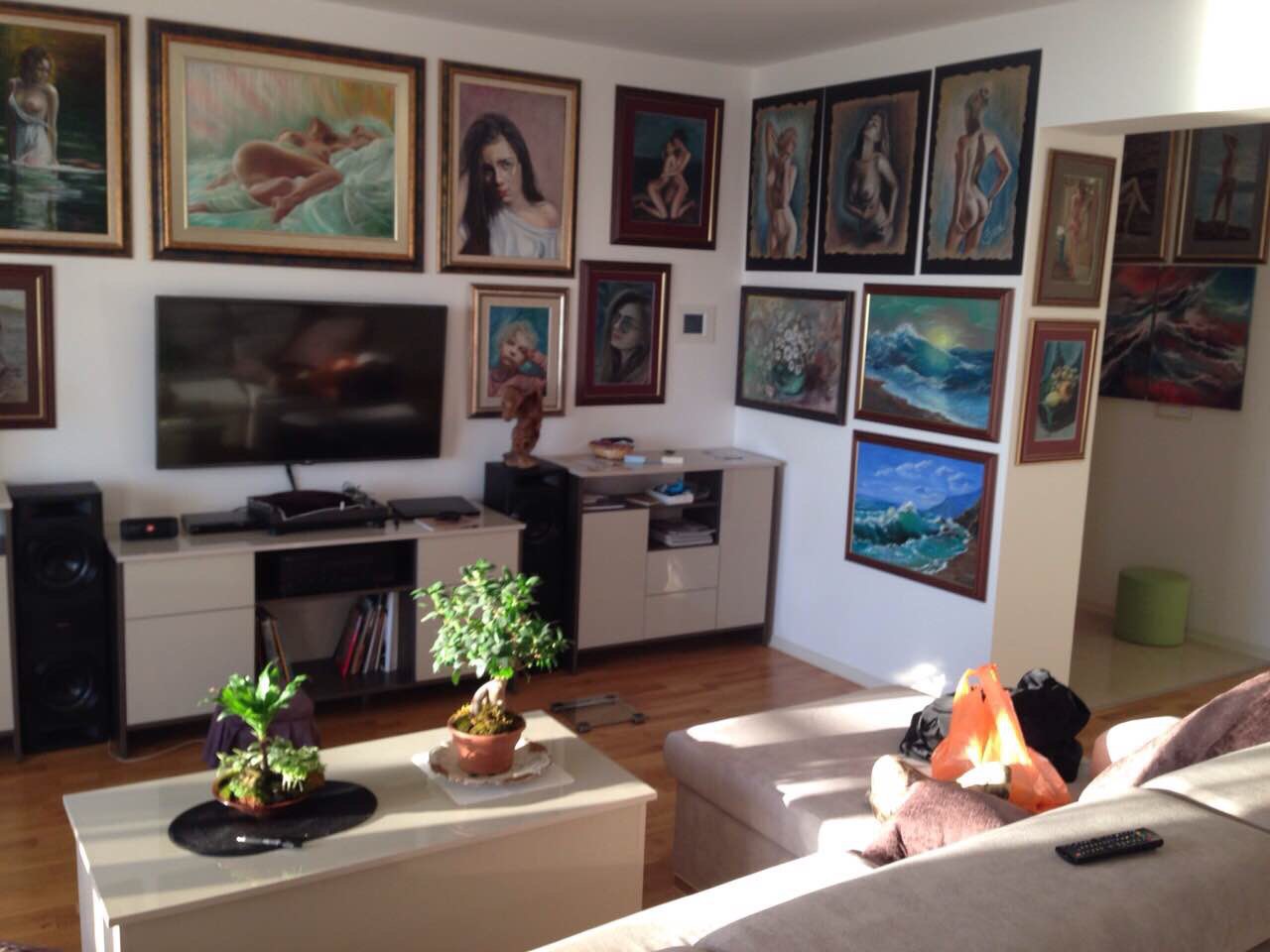 Living room in an apartment in Bečići, Montenegro: a bright room with parquet flooring, a TV area, and a wall decorated with paintings.