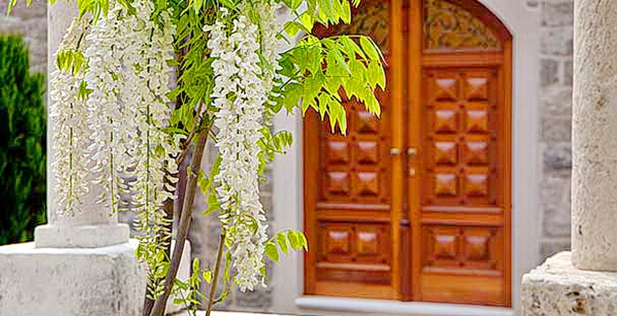 Wooden villa entrance door in Dobrota, Montenegro, decorated with blooming white wisteria against stone columns.