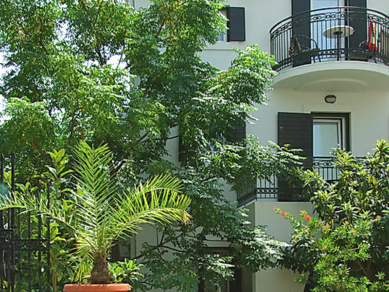 Hotel facade in Petrovac, Montenegro: a balcony with wrought-iron railing, a green garden with a palm tree and trees by the building.