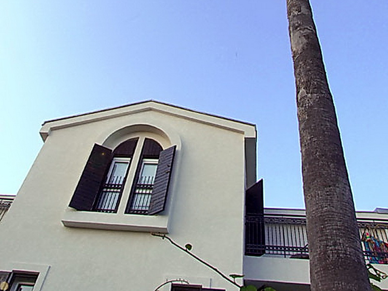 Hotel facade in Petrovac, Montenegro: white walls, an arched window with dark wooden shutters, and a tall palm tree.