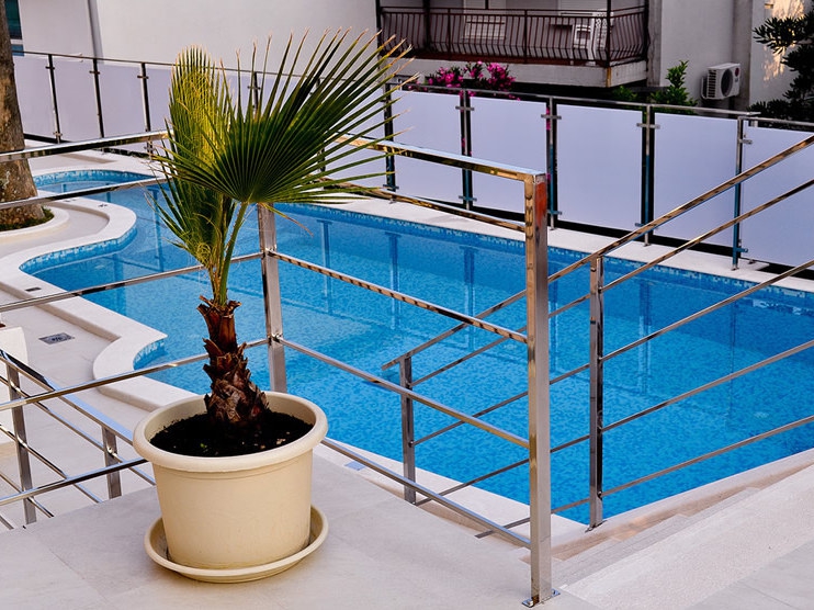 An outdoor pool with blue water and a potted palm on the terrace of a hotel in Petrovac, Montenegro.