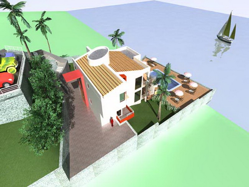 3D visualization of a house in Shushan, Montenegro: a villa with a pool, terrace, palm trees, and sea view with a yacht.
