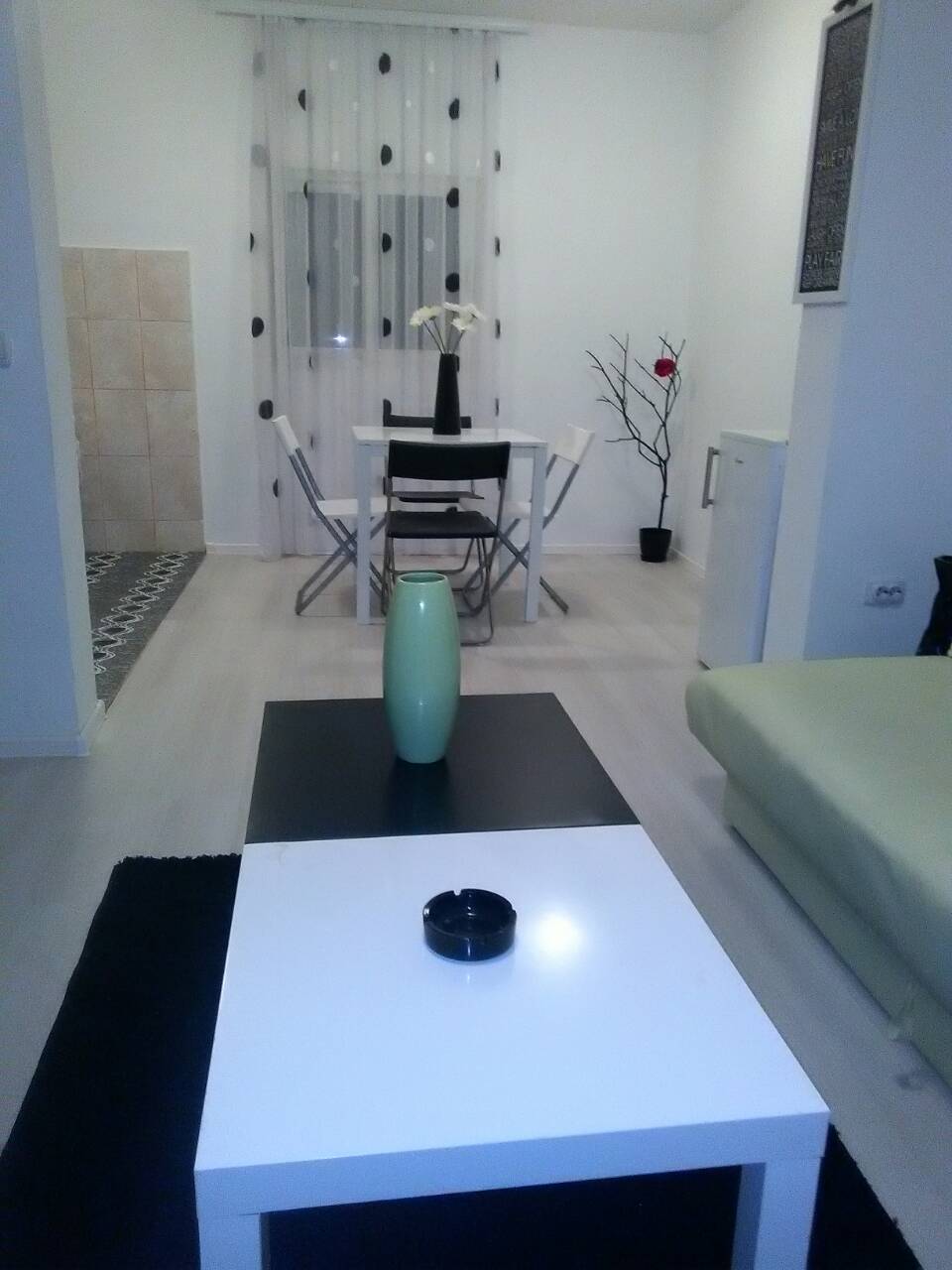 Bright living room in a house in Shushan, Montenegro: modern furniture, dining area, and minimalist interior.