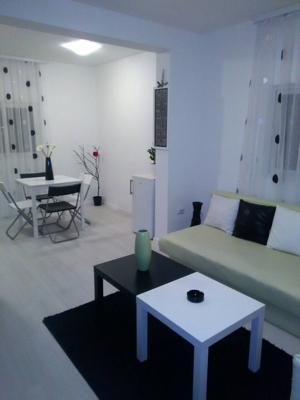 Living room with dining area in a house in Shushan, Montenegro: bright interior, sofa, coffee tables, and decor.