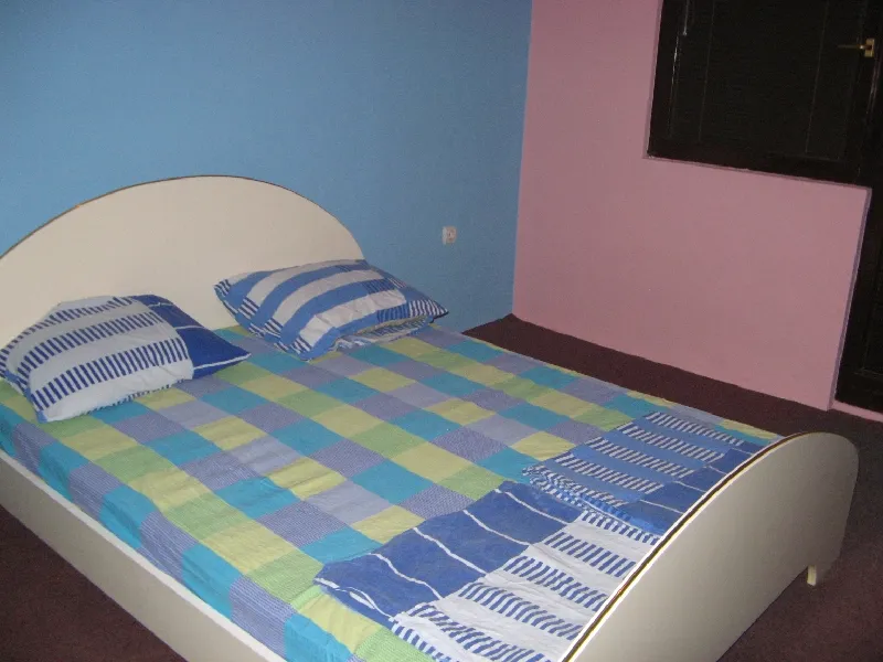 Double bed with blue-green checkered bedding against blue and pink walls in a carpeted room.