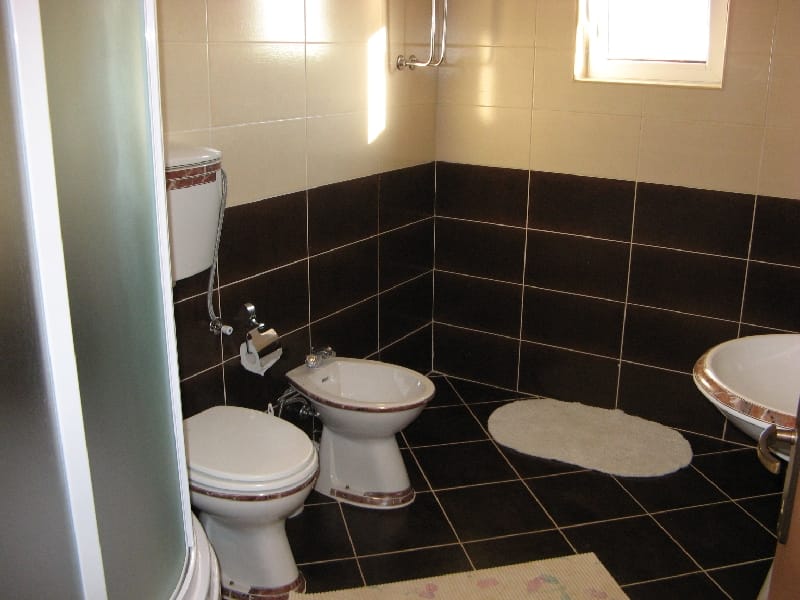 Bathroom in a house in Utjeha, Montenegro: shower cabin, toilet, bidet, and brown tile finishes.
