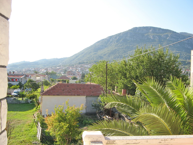 View from the balcony of a house in Bar, Montenegro: a green garden, a palm tree, and a panoramic mountain view on a sunny day.