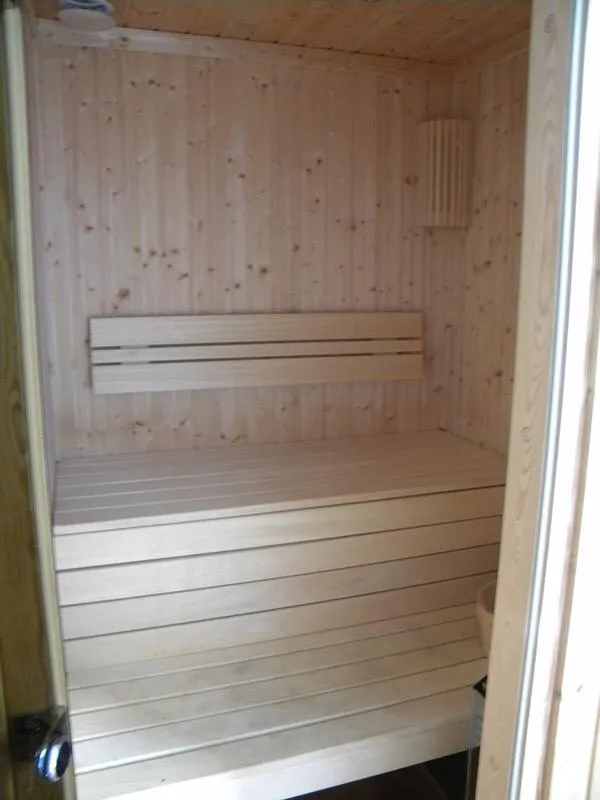 Interior of a wooden sauna featuring slatted benches and light wood paneled walls.