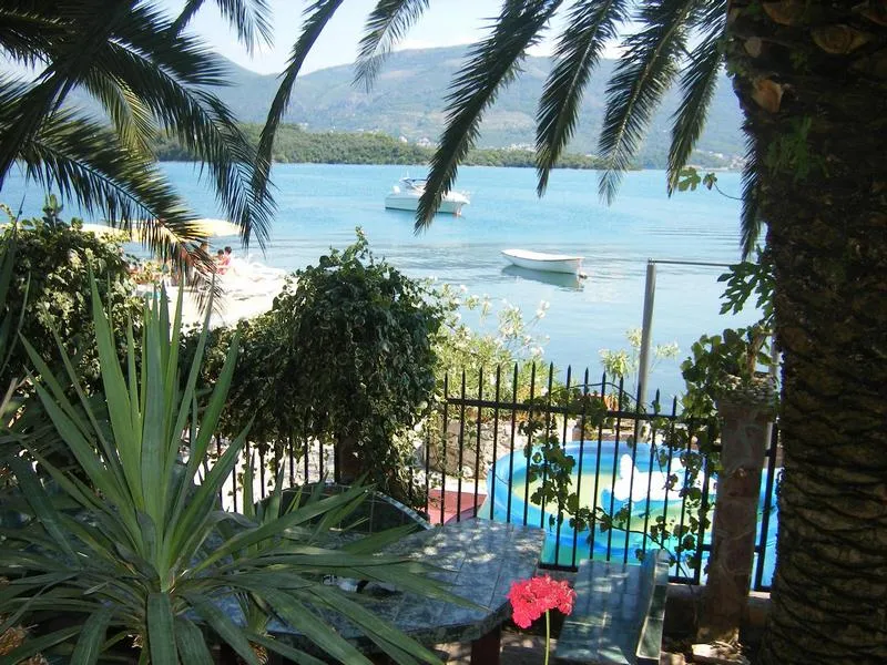 View of a pool and sea from a terrace with palm trees, boats on water, mountains in background.