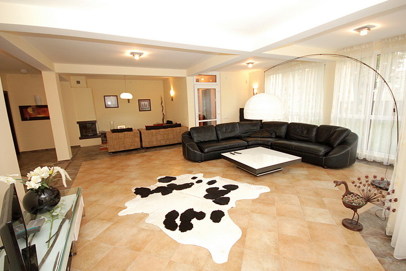 Spacious living room in a house in Sutomore, Montenegro: black leather sofa, fireplace, tiled floor, and a cowhide rug.