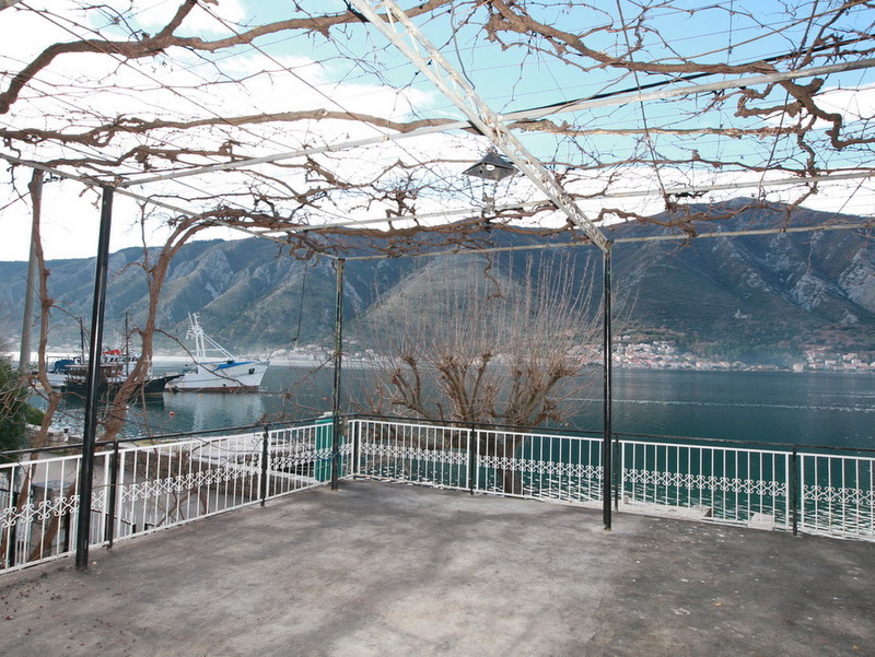 Terrace with a grapevine pergola and a view of the Bay of Kotor at a house in Dobrota, Montenegro.