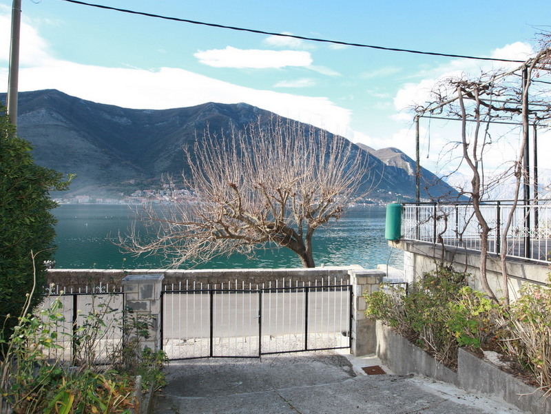 Sea and mountain view from a house terrace in Dobrota, Montenegro: panoramic landscape, metal gate, and grapevine.