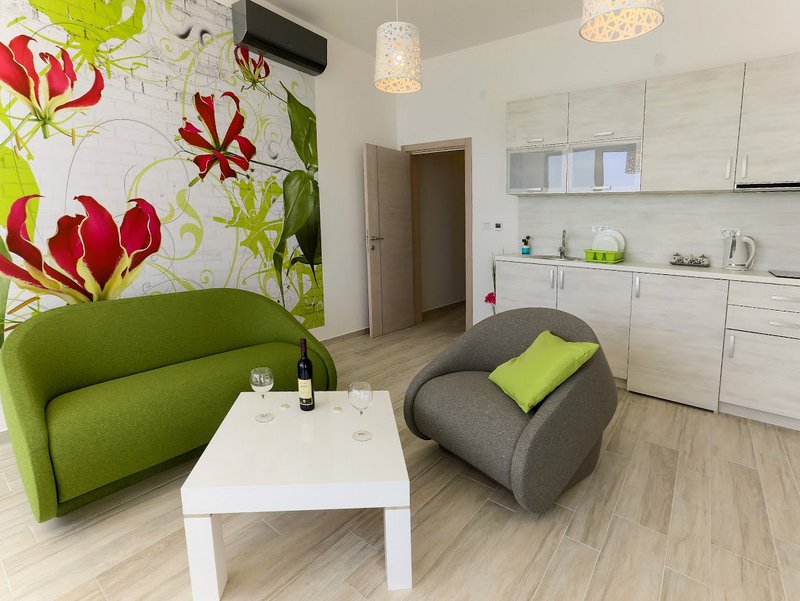 Living room with kitchen in an apartment, Dobri Vody, Montenegro: green sofa, armchair, table, and a bright floral-print wall.