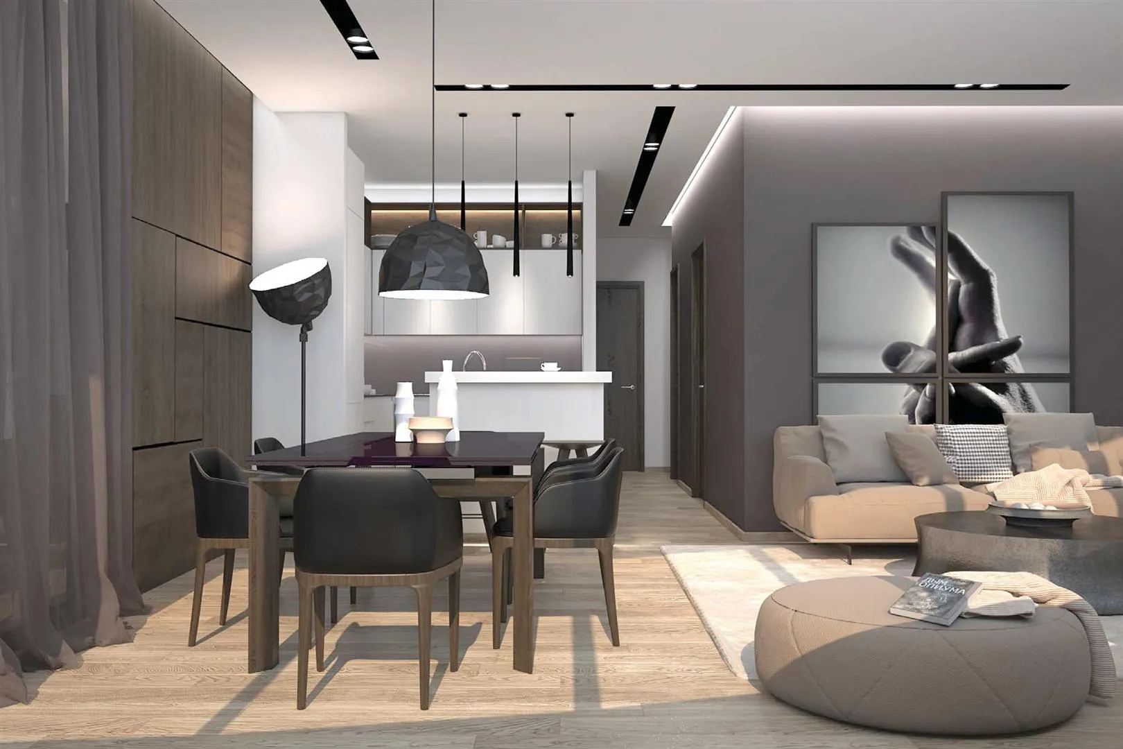 Modern living room with a beige sofa, coffee table, and dining area visible in front of the kitchen.