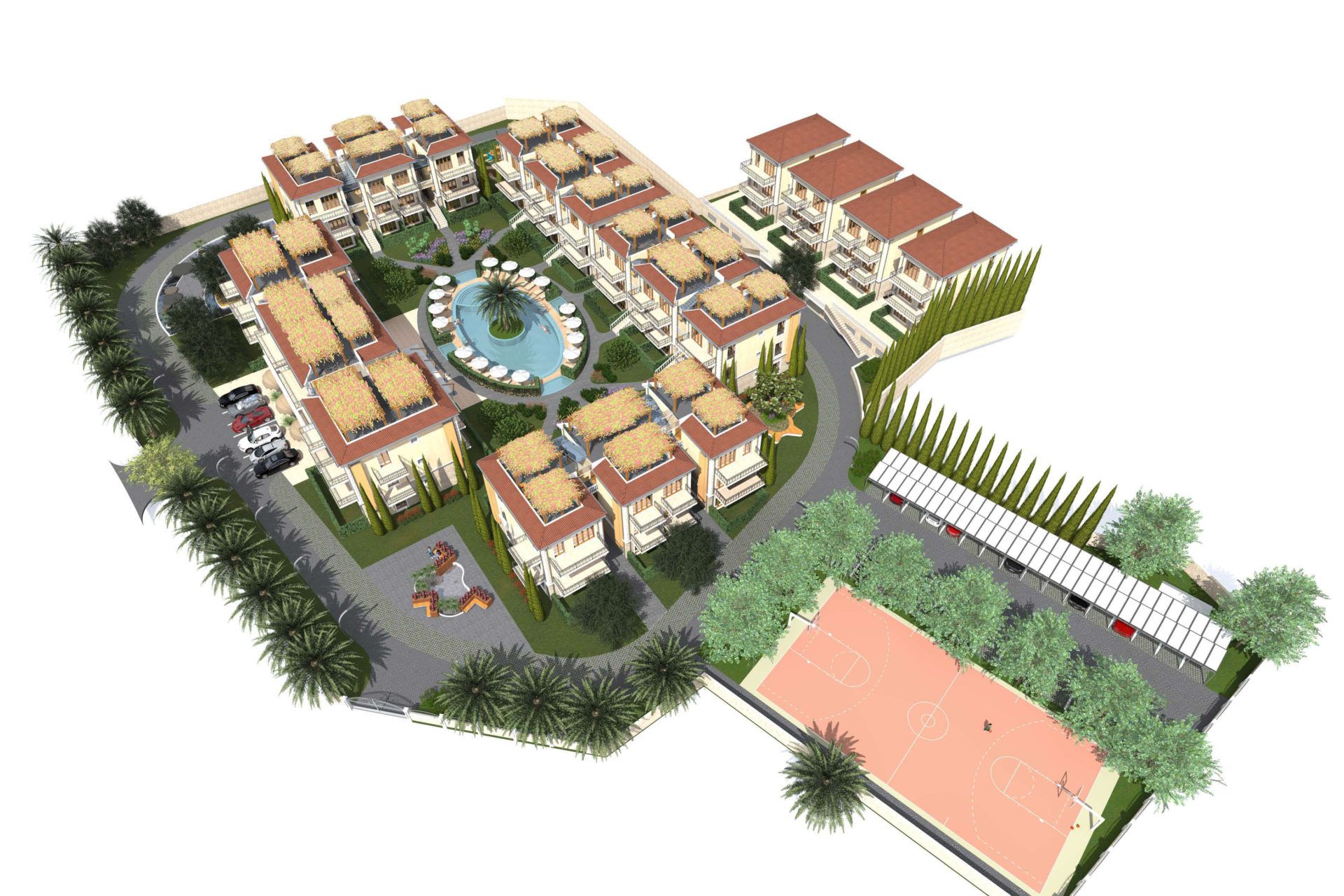 3D visualization of a residential complex in Risan, Montenegro: swimming pool, sports court, parking, and landscaped area.